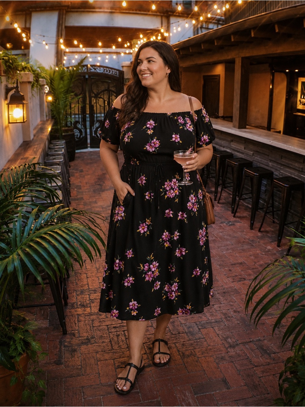 Torrid Black Pink Floral Off Shoulder Midi Dress 1X 14-16 Challis Pockets